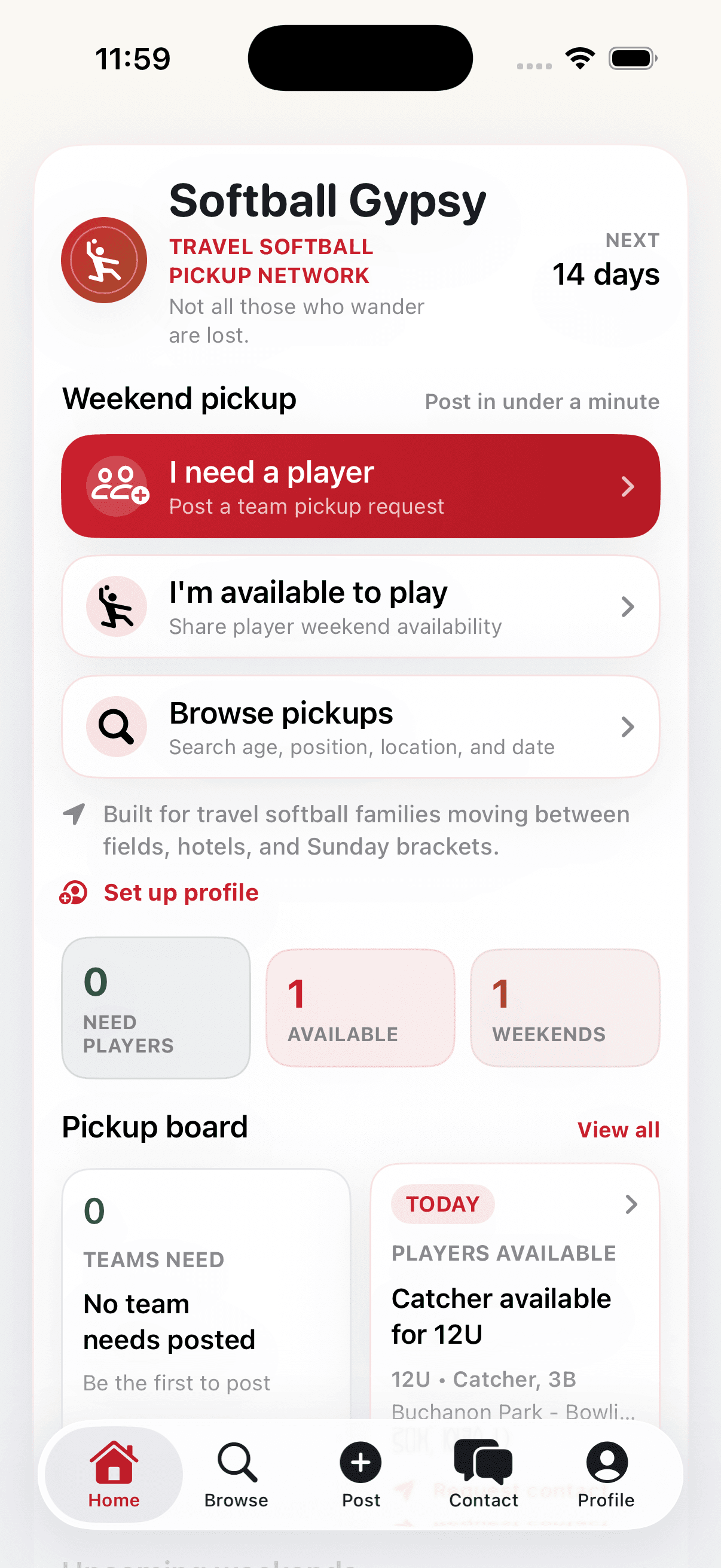 Player Pickup Network prototype home screen showing pickup request, availability, and browse actions.